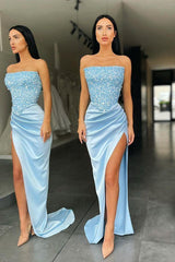Trendy Sky blue Strapless Sequin Top High split Evening Prom Dresses