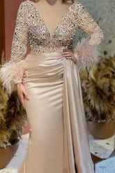 Trumpet Mermaid V Neck Satin Mother of the Bride Gown with Feather Glitter and Ruched Long Sleeves