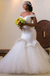 Tulle Mermaid White Glamorous Beads Sweep-Train Lace-up Off-the-shoulder Wedding Dress