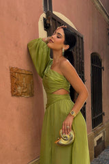 Tulle One Shoulder Long Sleeve Long Evening Formal Dress With Front Split