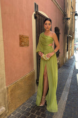 Tulle One Shoulder Long Sleeve Long Evening Formal Dress With Front Split