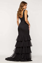 Tulle Tiered Black Wedding Guest Dress Sheath V-Neck Long Prom Dress
