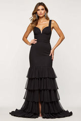 Tulle Tiered Black Wedding Guest Dress Sheath V-Neck Long Prom Dress