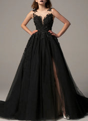 Tulle Wedding Dress 3D Floral Black A Line Bridal Gown with Slit