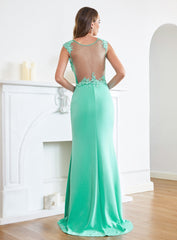 Turquoise Crew neck Cap sleeve Lace appliques Curves/Mermaid Floor Length Dress
