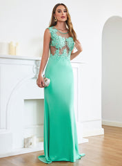 Turquoise Crew neck Cap sleeve Lace appliques Curves/Mermaid Floor Length Dress