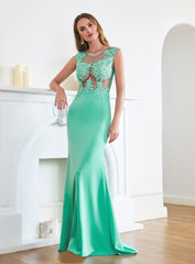 Turquoise Crew neck Cap sleeve Lace appliques Curves/Mermaid Floor Length Dress