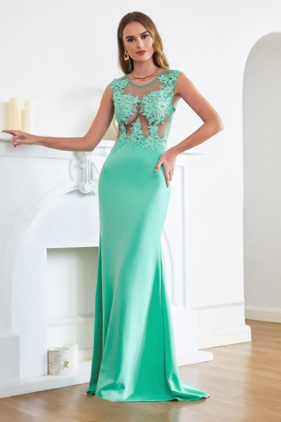 Turquoise Crew neck Cap sleeve Lace appliques Curves/Mermaid Floor Length Dress