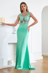 Turquoise Crew neck Cap sleeve Lace appliques Curves/Mermaid Floor Length Dress