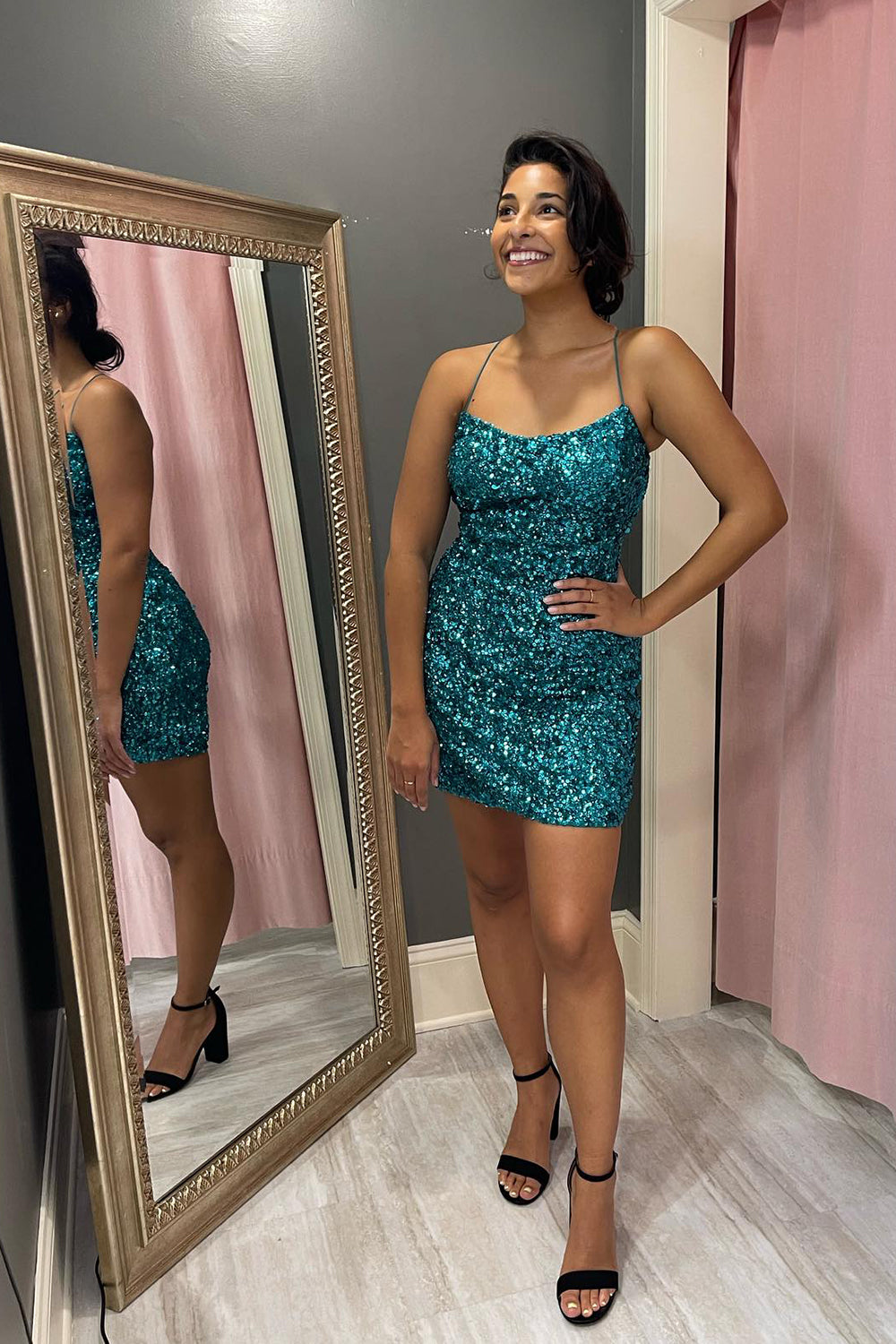 Turquoise Homecoming Dresses Sequined Tight Short Cocktail Dresses