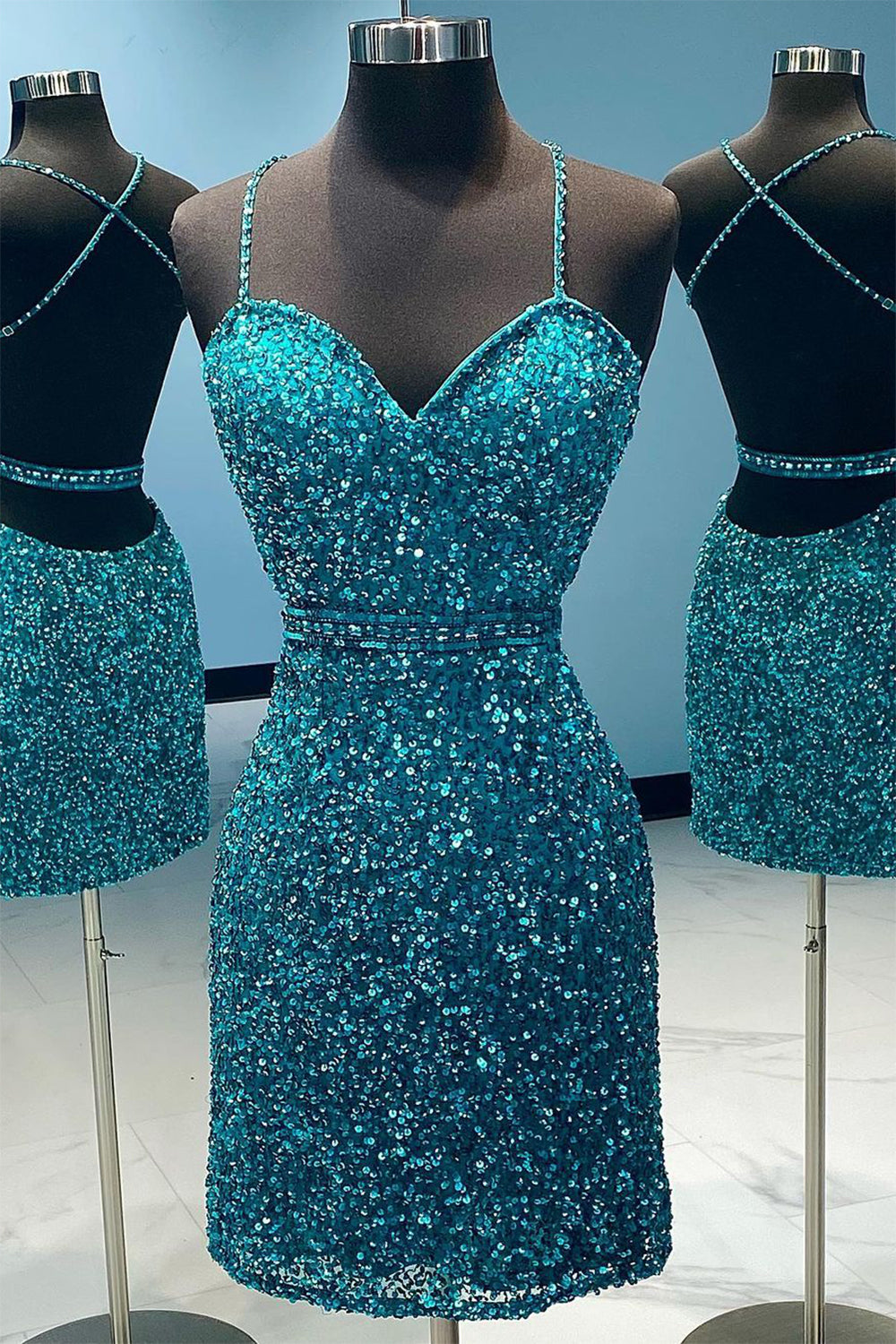 Turquoise Homecoming Dresses Spaghetti Straps Sequin Prom Dress