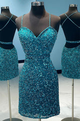 Turquoise Homecoming Dresses Spaghetti Straps Sequin Prom Dress