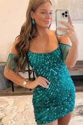 Turquoise Homecoming Dresses Tight Sequin Short Cocktail Dresses with Fringes