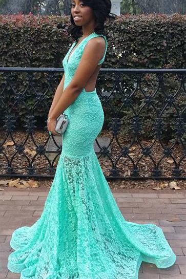 Turquoise Lace Dress for Prom Sexy Open Back Memraid Evening Dresses