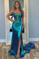 Turquoise Prom Dress Mermaid Ruche Metallic Long Formal Dress With Slit