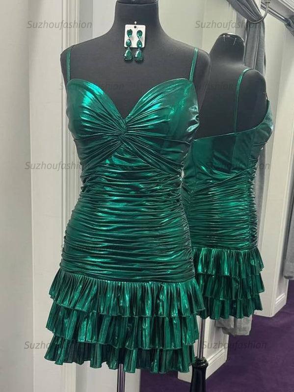 Twist Knot Ruched Metallic Ruffle Short Homecoming Dress