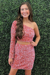 Two Piece Blush Homecoming Dresses Sequin One Shoulder Tight Prom Dress