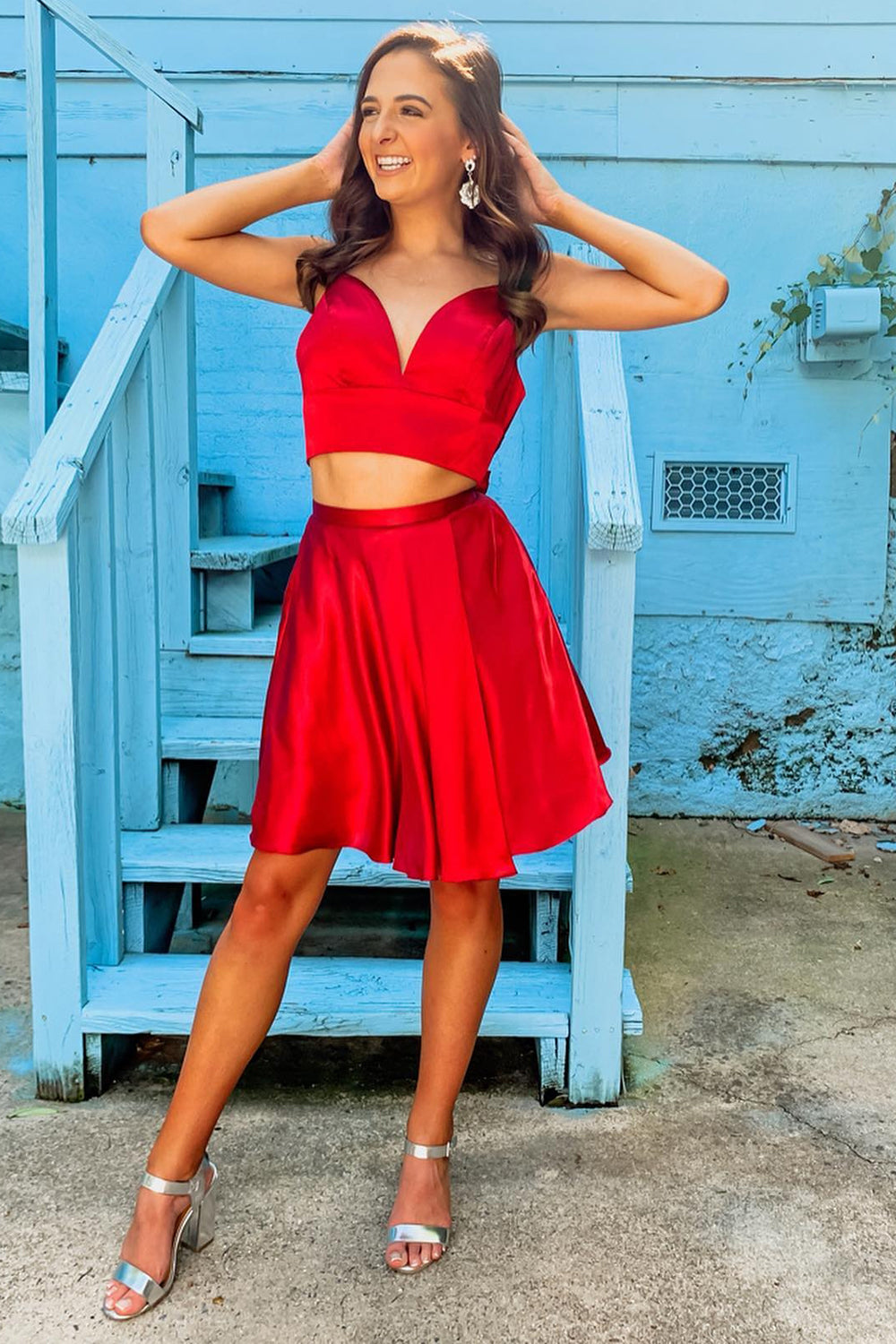 Two Piece Red Homecoming Dress Short Prom Dress with Bowknot Suzhoufashion Two Piece Red Homecoming Dress Short Prom Dress with Bowknot Suzhoufashion