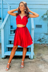Two Piece Red Homecoming Dresses Short Cocktail Dresses with Bowknot