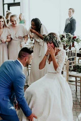 A-Line Beach Wedding Dress V-neck Tulle 3/4 Length Sleeve Bridal Gowns See-Through Illusion Detail with Sweep Train