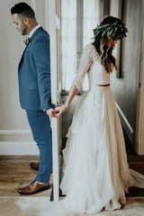 A-Line Beach Wedding Dress V-neck Tulle 3/4 Length Sleeve Bridal Gowns See-Through Illusion Detail with Sweep Train