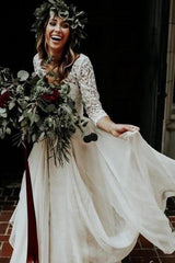 A-Line Beach Wedding Dress V-neck Tulle 3/4 Length Sleeve Bridal Gowns See-Through Illusion Detail with Sweep Train