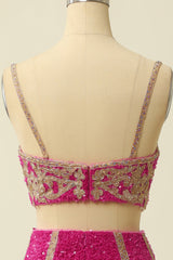 Two Pieces Fuchsia Homecoming Dresses Prom Dress With Fringes