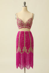 Two Pieces Fuchsia Homecoming Dresses Prom Dress With Fringes