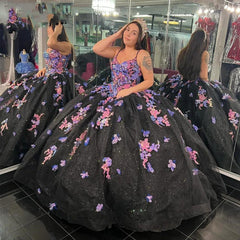 Unique Ball Gown Sweetheart Neck Spaghetti Straps 3D Floral Lace Appliques Beaded Black Tulle Quinceanera Dress Birthday Party Gown For Sweet 16
