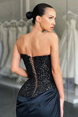 Unique Black special Strapless High-split Lace-up Sequined Evening Prom Dresses