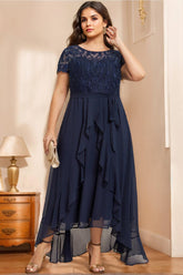 Unique Plus Size Mother of the Bride A Line Dress with Scoop Neck Short Sleeves Bow Ruffles & Sequins