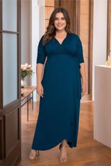 Unique Plus Size V Neck A Line Mother of the Bride Dress with Asymmetrical Ruffles and Half Sleeves