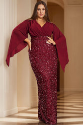 Unique Plus Size V Neck Long Mother of the Bride Dress with Flare Sleeves and Sequined Sheath Column Design