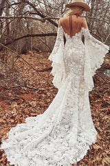 Unique Sweetheart Long-Sleeve Mermaid Floor-Length Lace Beach Wedding Dresses with Chapel Train