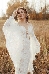 Unique Sweetheart Long-Sleeve Mermaid Floor-Length Lace Beach Wedding Dresses with Chapel Train