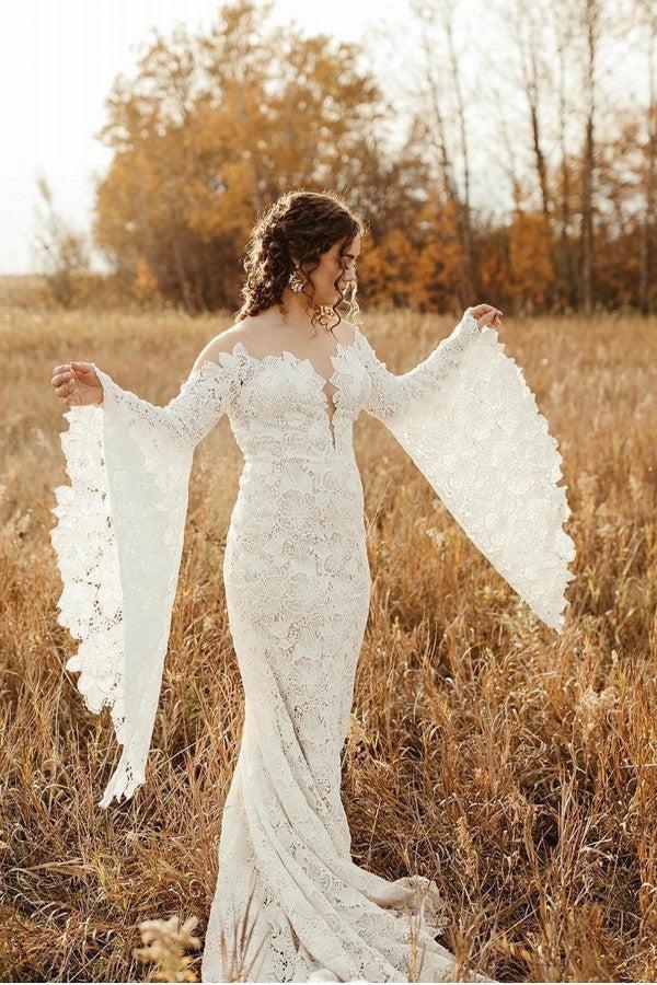Unique Sweetheart Long-Sleeve Mermaid Floor-Length Lace Beach Wedding Dresses with Chapel Train