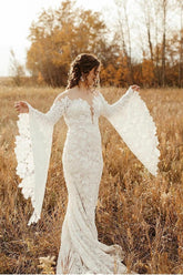 Unique Sweetheart Long-Sleeve Mermaid Floor-Length Lace Beach Wedding Dresses with Chapel Train