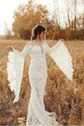 Unique Sweetheart Long-Sleeve Mermaid Floor-Length Lace Beach Wedding Dresses with Chapel Train