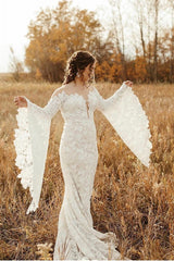 Unique Sweetheart Long-Sleeve Mermaid Floor-Length Lace Beach Wedding Dresses with Chapel Train