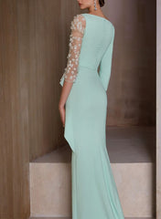 V Neck 3/4 Sleeve Long Sheath Mother of the Bride Dress with Appliques
