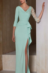 V Neck 3/4 Sleeve Long Sheath Mother of the Bride Dress with Appliques