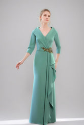 V Neck 3/4 Sleeve Long Sheath Column Mother of the Bride Dress with Ruffles & Jewel Appliques