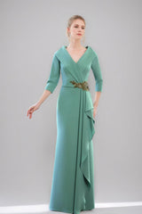 V Neck 3/4 Sleeve Long Sheath Column Mother of the Bride Dress with Ruffles & Jewel Appliques