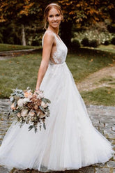 V Neck A Line Open Back Wedding Dress With Lace