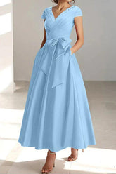 V Neck A Line Ankle Length Mother of the Bride Dress With Short Sleeves Pockets & Ruffles