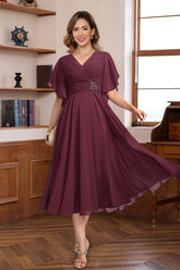 V Neck A Line Dress with Ruched Pleats and Jewel Appliques for Mothers of the Bride & Groom