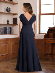 V Neck A Line Long Dress for Mothers of the Bride & Groom with Ruched Pleats Jewel Appliques & Sequins