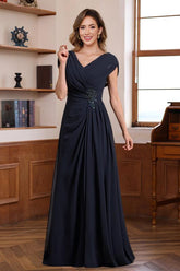 V Neck A Line Long Dress for Mothers of the Bride & Groom with Ruched Pleats Jewel Appliques & Sequins