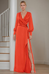 V Neck A Line Long Mother of the Bride Dress With Ruffled Long Sleeves