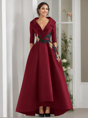 V Neck A Line Long Mother of the Bride Dress with 3/4 Sleeves Appliques and Beading